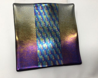Gold Purple Blue Iridescent Art Glass Dish, Fused Glass Plate