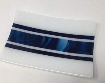 Blue White Fused Glass Tray, Streaky Art Glass Dish, Decorative Serving Tray