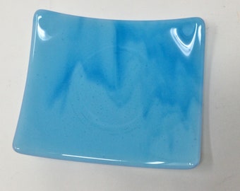 Blue Fused Glass Dish, Blue Streaky Art Glass Plate, Decorative Glass Tray