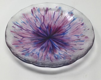 Purple Blue Pink Fused Glass Bowl, Art Glass Bowl, Abstract Floral Decorative Bowl