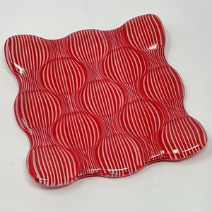 Fused Glass Optical Illusion Art Glass Candy Dish, Red White Glass Trinket Tray