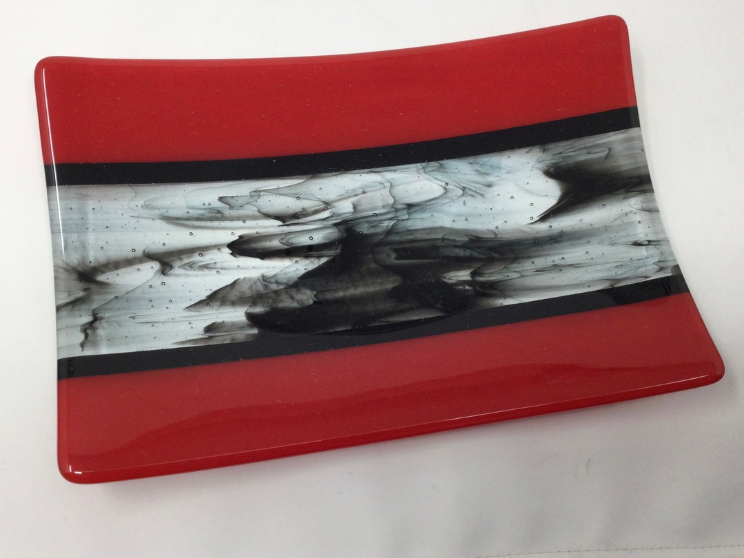 Red Black Art Glass Serving Tray, Fused Glass Tray, Red Black Platter ...