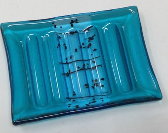 Aqua Blue Fused Glass Soap Dish, Art Glass Sponge Holder, Handmade Bath Decor