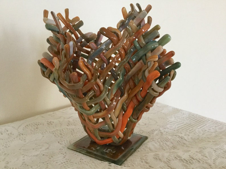 Woven Fused Glass Vase Fused Glass Weave Sculpture Green Etsy