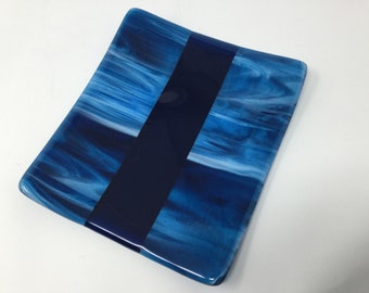 Blue Fused Glass Tray, Blue Streaky Art Glass Dish, Decorative Dish