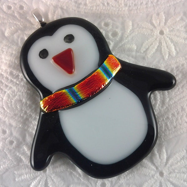 Penguin Christmas Ornament, Fused Glass Penguin, Holiday Home Decor