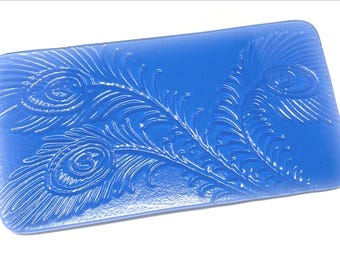 Fused Glass Peacock Feather Tray, Embossed Art Glass Dish, Flat Platter
