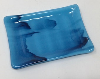 Blue Streaky Fused Glass Soap Dish, Art Glass Sponge Holder, Handmade Bath Decor
