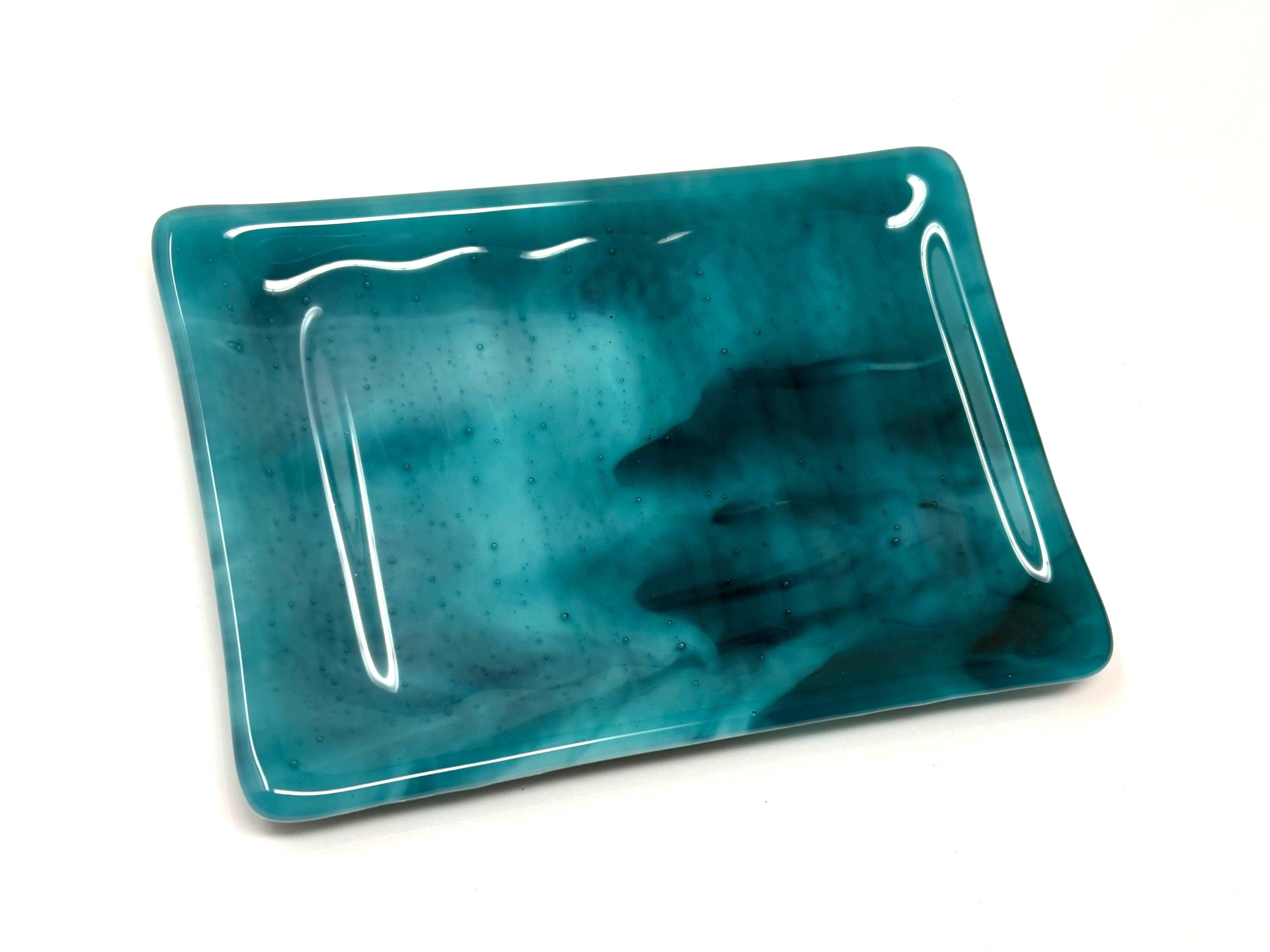Turquoise Teal Art Glass Soap Dish, Fused Glass Sponge Holder, Handmade Bath Decor