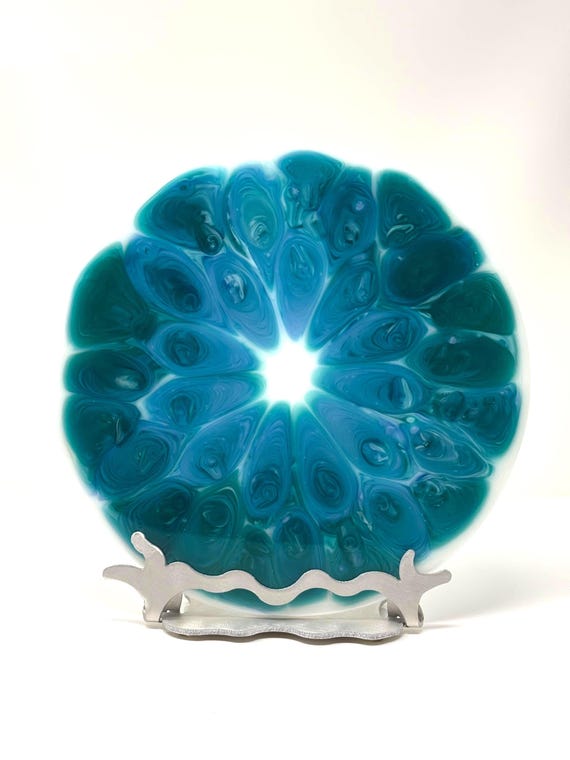 Fused Glass Art, Blue Turquoise Art Glass Sculpture with Decorative Aluminum Stand
