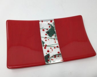 Red Green Holly Berry Fused Glass Tray, Art Glass Holiday Serving Tray