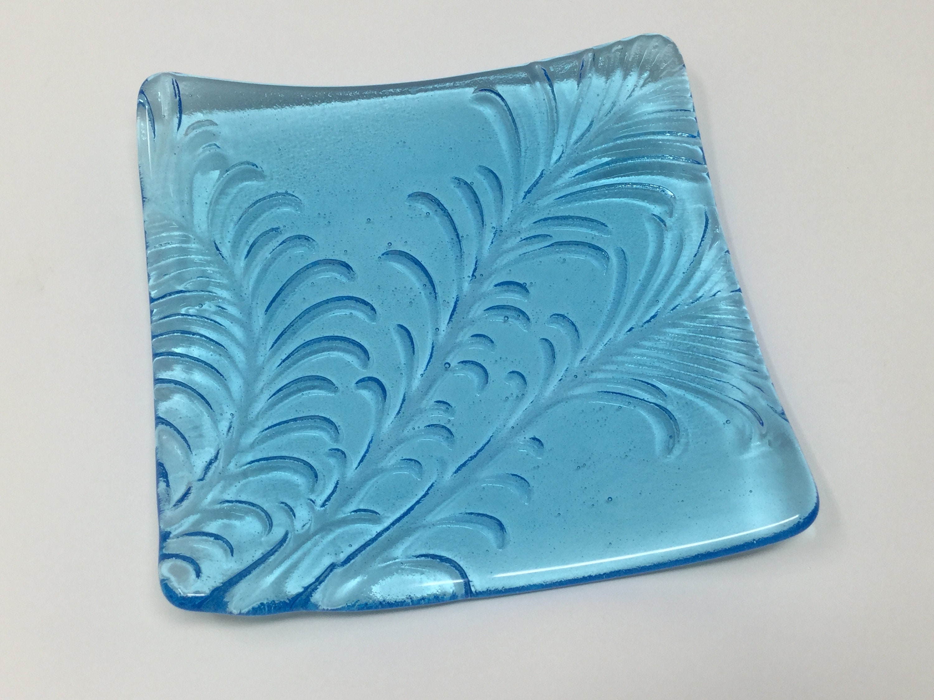 Fused Glass Dish Blue Feather Embossed Art Glass Dish Etsy