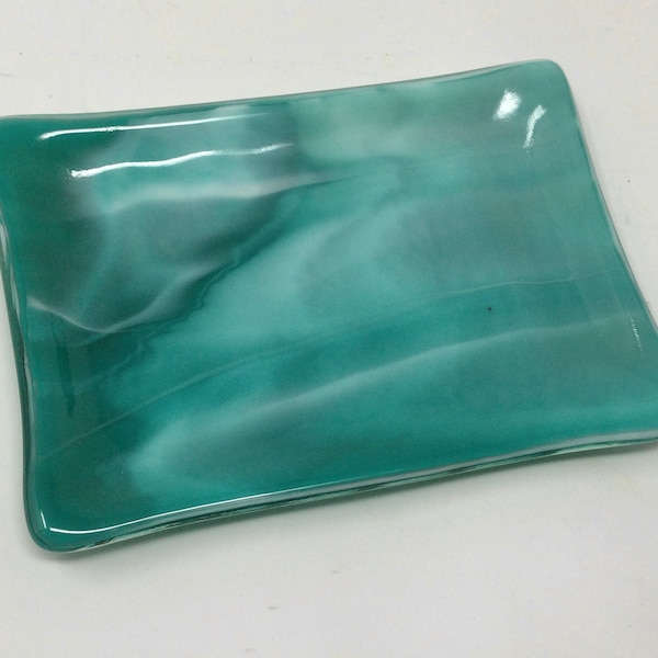 Turquoise Teal Streaky Art Glass Soap Dish, Fused Glass Sponge Holder, Handmade Bath Decor