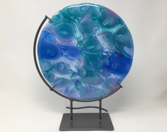 Fused Glass Art, Turquoise Blue Lavender Art Glass Sculpture with Steel Stand
