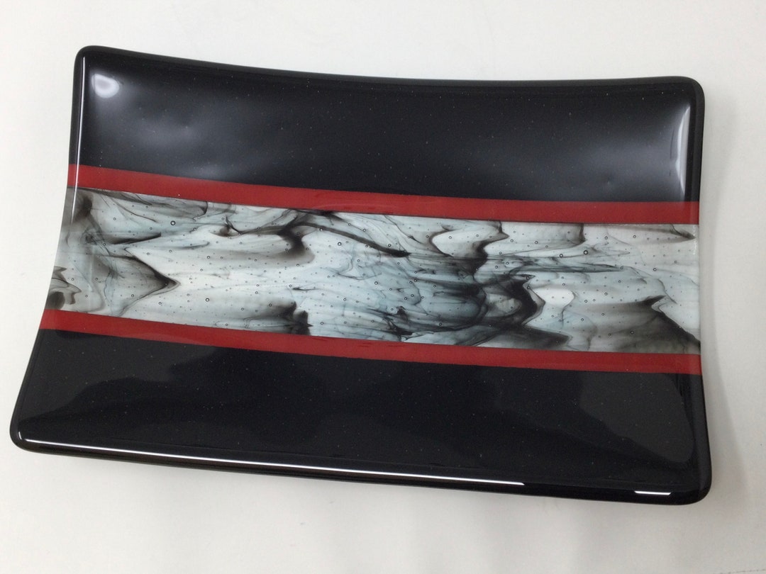 Black Red Art Glass Serving Tray, Fused Glass Tray, Red Black Platter ...