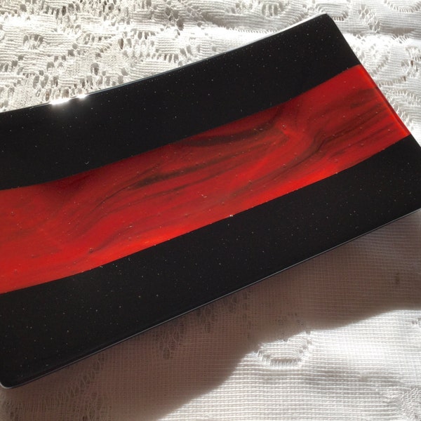 Fused Glass Platter, Red Black Art Glass Valet Tray, Home Decor
