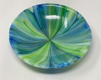 装飾的な紫青色ガラスボウル パープルブルーフューズドガラスボウル：手作りの抽象アートガラス