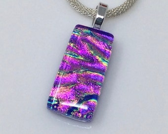 Purple Magenta Blue Necklace, Dichroic Glass Pendant, Fused Glass Jewelry