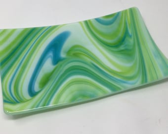 Blue Green Art Glass Tray, Fused Glass Tray, Glass Serving Dish