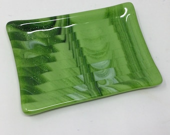 Fused Glass Strip Cut Soap Dish, Aventurine Green Art Glass Sponge Holder, Handmade Bath Decor