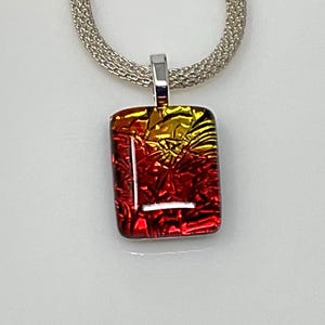 Red Yellow Dichroic Glass Pendant, Petite Fused Glass Jewelry, Red Gold Necklace