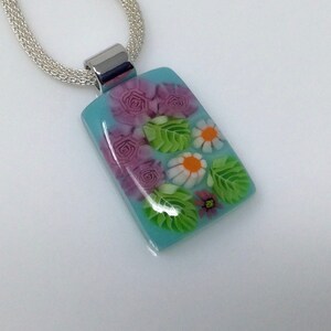 Pink Rose Millefiori Pendant, Fused Glass Jewelry, Floral Garden Necklace