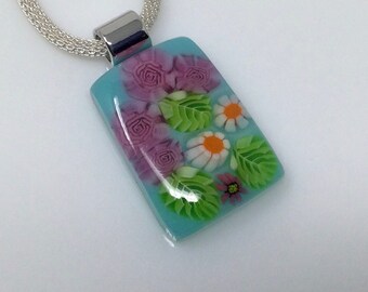 Pink Rose Millefiori Pendant, Fused Glass Jewelry, Floral Garden Necklace