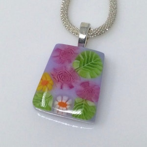 Pink Rose Millefiori Pendant, Fused Glass Jewelry, Floral Garden Necklace