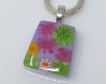 Pink Rose Millefiori Pendant, Fused Glass Jewelry, Floral Garden Necklace