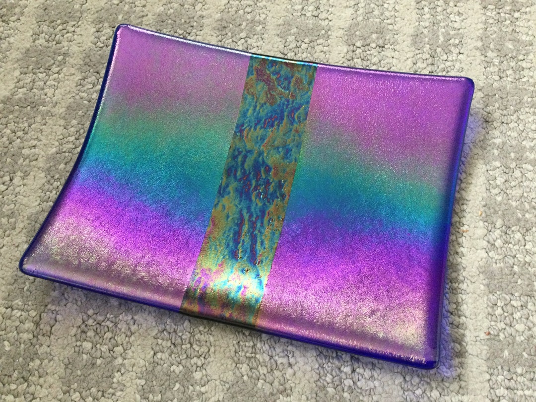 Cobalt Blue Iridescent Art Glass Tray, Fused Glass Tray, Iridized Dish