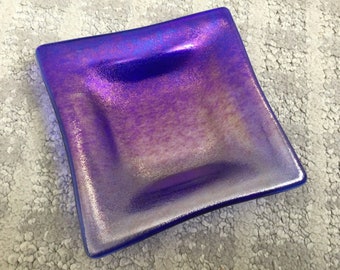 Iridescent Cobalt Blue Fused Glass Dish, Art Glass Ring Dish, Decorative Glass Tray