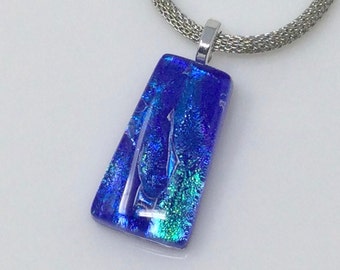 Cobalt Blue Green Necklace, Fused Glass Jewelry, Blue Green Dichroic Pendant