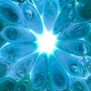 May include: Abstract artwork featuring a central bright white light surrounded by swirling patterns of blue and teal. The design resembles a stylized flower or starburst, with a fluid, organic feel.