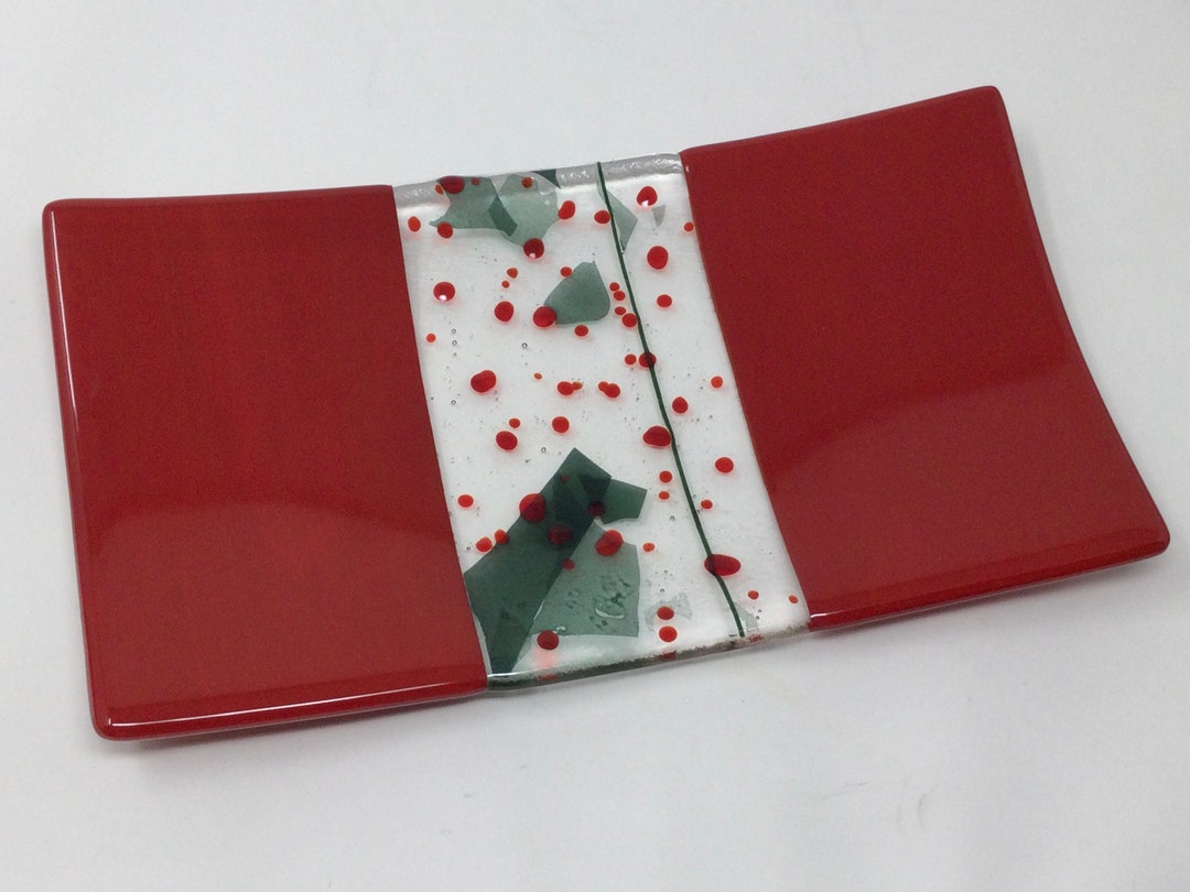 Red Green Holly Berry Fused Glass Tray, Art Glass Holiday Serving Tray ...