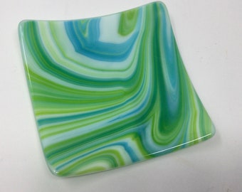 Green Blue Art Glass Dish, Fused Glass Plate, Decorative Serving Plate