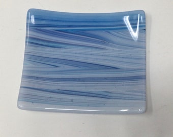 Blue Fused Glass Dish, Blue Streaky Ring Dish, Art Glass Trinket Tray