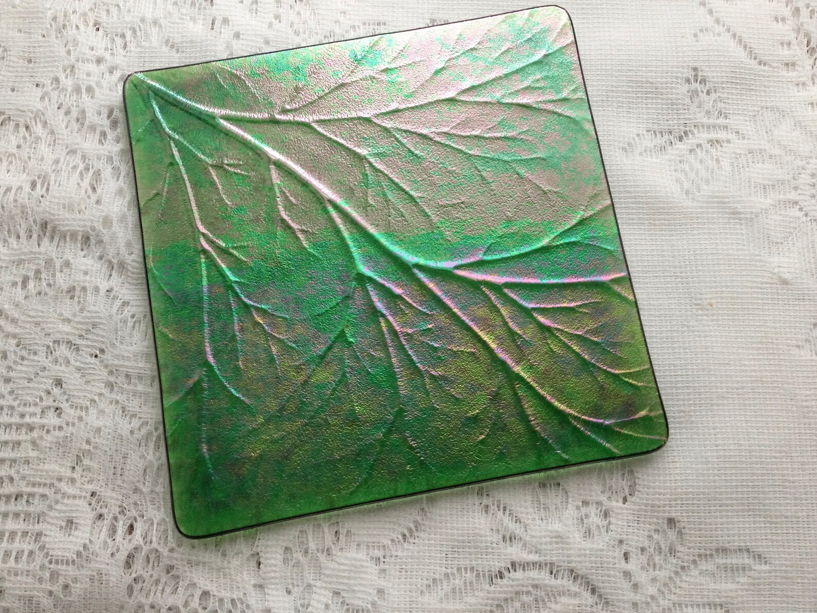 Iridescent Leaf Textured Art Glass Trivet Fused Glass Trivet Etsy