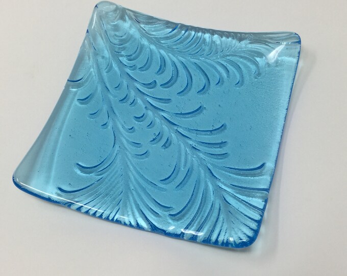 Blue Feather Embossed Fused Glass Dish, Art Glass Dish, Decorative