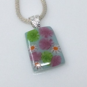 Pink Rose Millefiori Pendant, Fused Glass Jewelry, Floral Garden Necklace