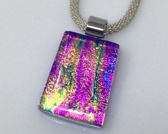 Magenta Pink Purple Necklace, Dichroic Glass Pendant, Fused Glass Jewelry