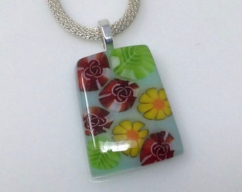 Millefiori Pendant, Fused Glass Jewelry, Floral Garden Necklace