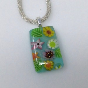 Blue Green Yellow Millefiori Pendant, Fused Glass Jewelry, Floral Garden Necklace