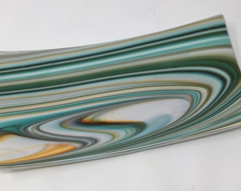 Turquoise Orange Art Glass Serving Tray, Fused Glass Tray, Decorative Serving Dish