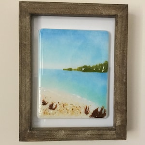 Fused Glass Seascape, Beach Frit Glass Painting, Coastal Decor Framed Wall Art