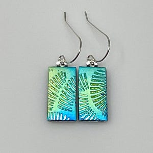 Blue Green Dichroic Earrings, Fused Glass Jewelry, Blue Golden Green Earrings with Argentium Silver French Hooks