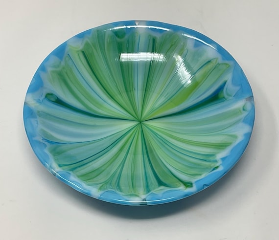 Blue Green Art Glass Bowl, Fused Glass Bowl, Abstract Decorative