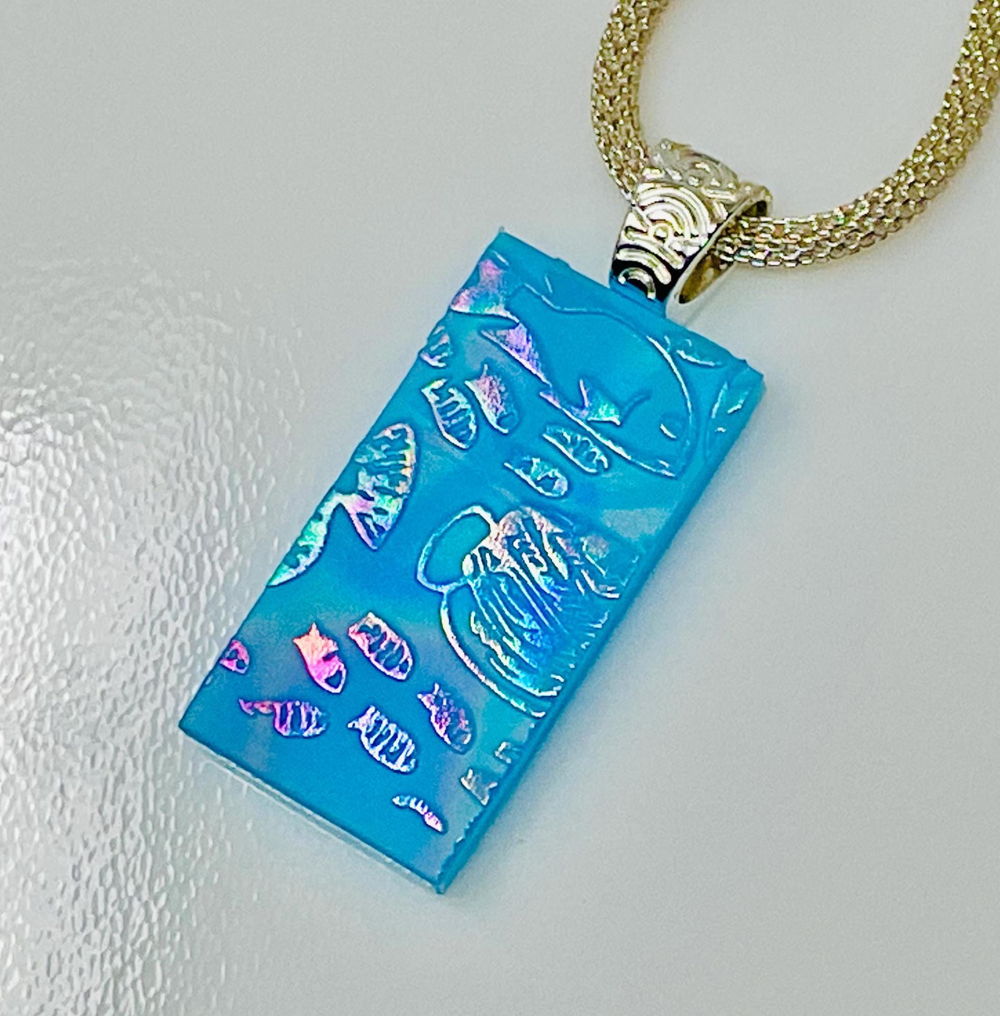 Blue Dichroic Glass Pendant: Sand Carved Fused Glass Necklace