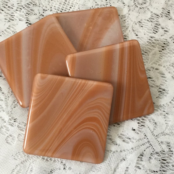 Fused Glass Coasters, Set of 4 Caramel Cream Art Glass Coasters, Drink and Barware