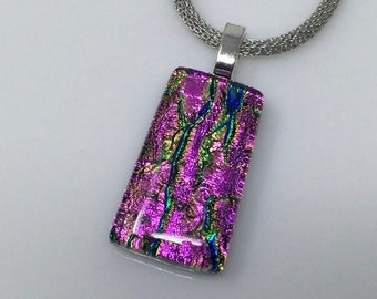 Magenta Pink Blue Necklace, Dichroic Glass Pendant, Fused Glass Jewelry