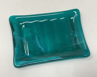 Türkisfarbene Seifenschale aus Kunstglas, verschmolzener Glasschwammhalter, handgefertigtes Baddekor